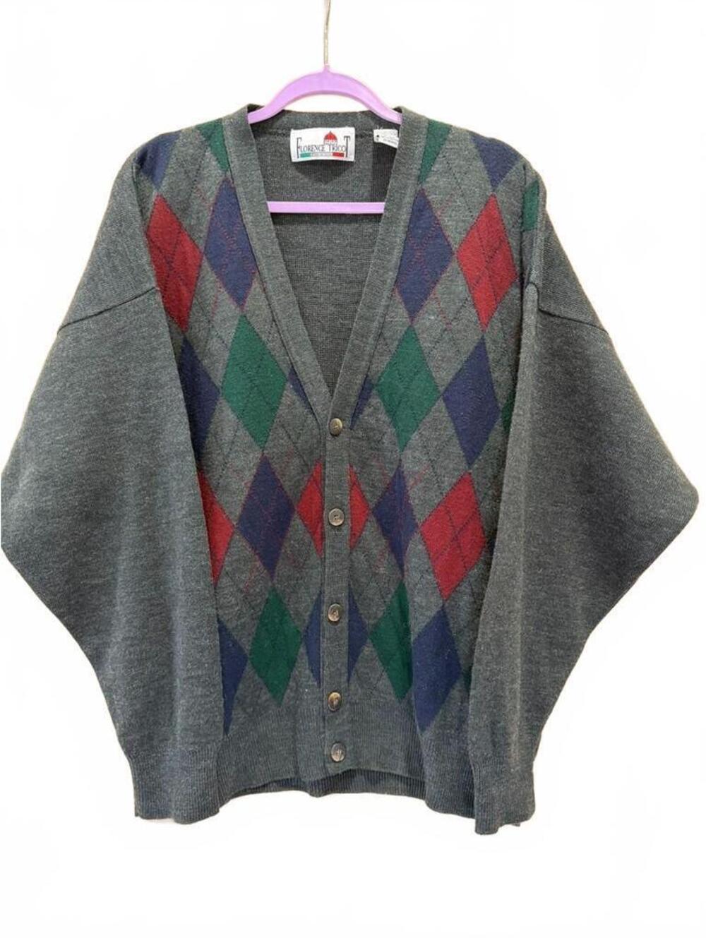 Vintage Florence Tricot Argyle Cardigan XL Gray Wool Blend Made in Italy